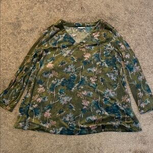 Chic Floral V-Neck Blouse - Olive and Teal